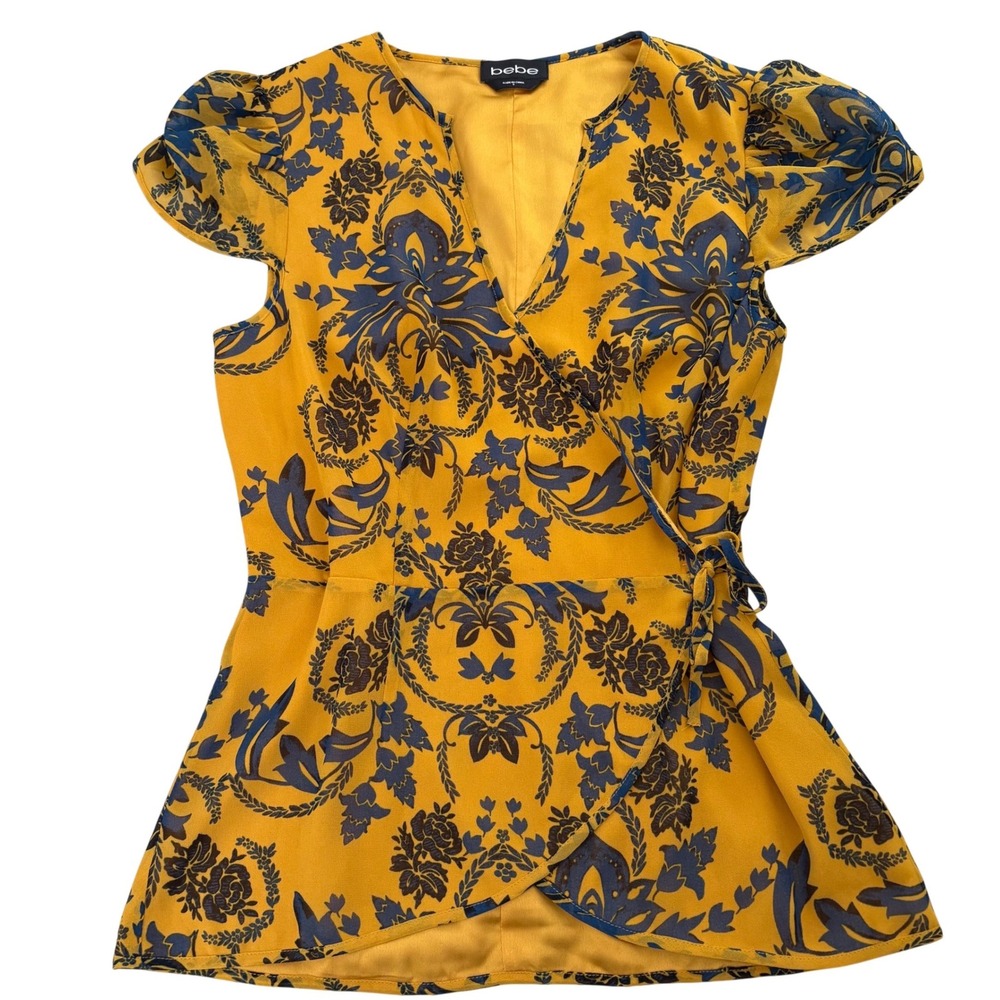 Bebe Mustard Yellow Navy Blue Damask Floral Wrap Top Puff Sleeve S Office Career